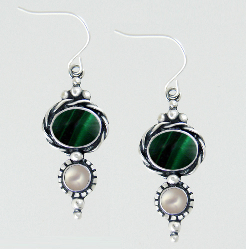 Sterling Silver Drop Dangle Earrings With Malachite And Cultured Freshwater Pearl